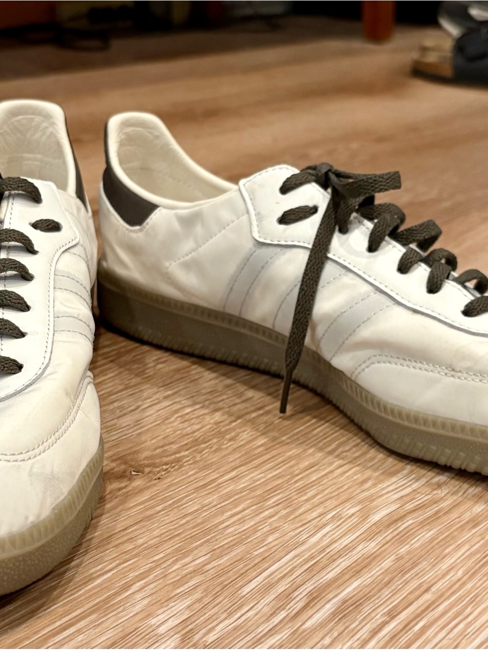 adidas White Sneakers with Olive/Brown Accents